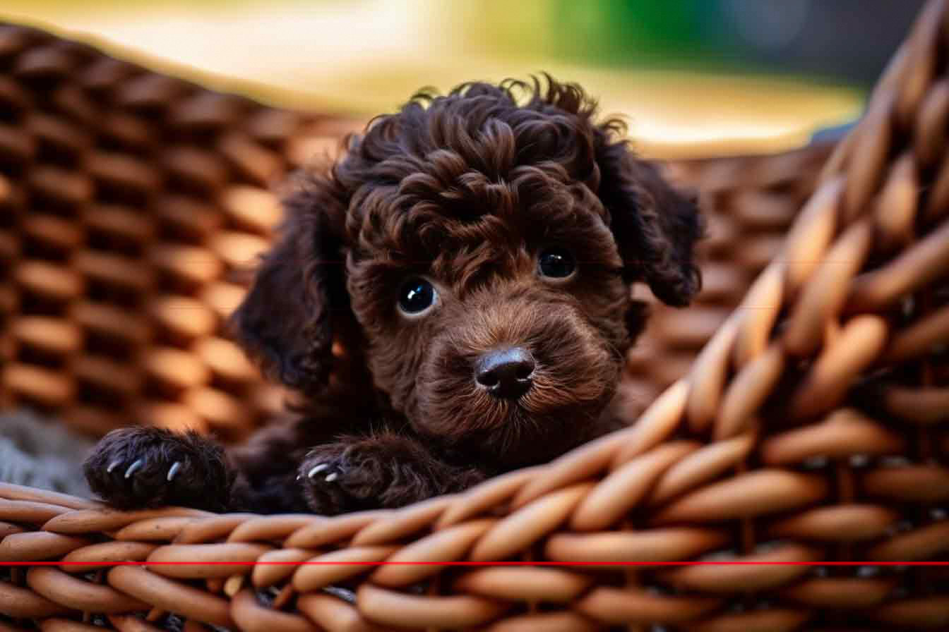 Chocolate Brown Toy Poodle Puppy in Basket